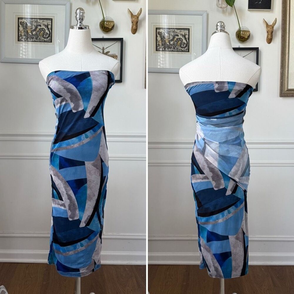 Pretty Little Thing Mesh Bodycon Midi Tube Dress Blue Abstract 4
